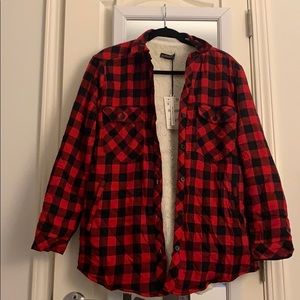 Zara Red Sherpa Lined Flannel Shirt Jacket